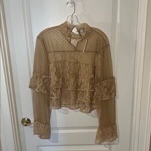 LOFT Beige Lace Ruffle Blouse